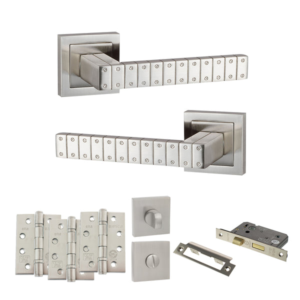 Senza Pari Bianca Door Handle Pack (Bathroom Set - 2.5" CE Bathroom Lock, 4" Fire Rated Hinges x3) by Atlantic Hardware