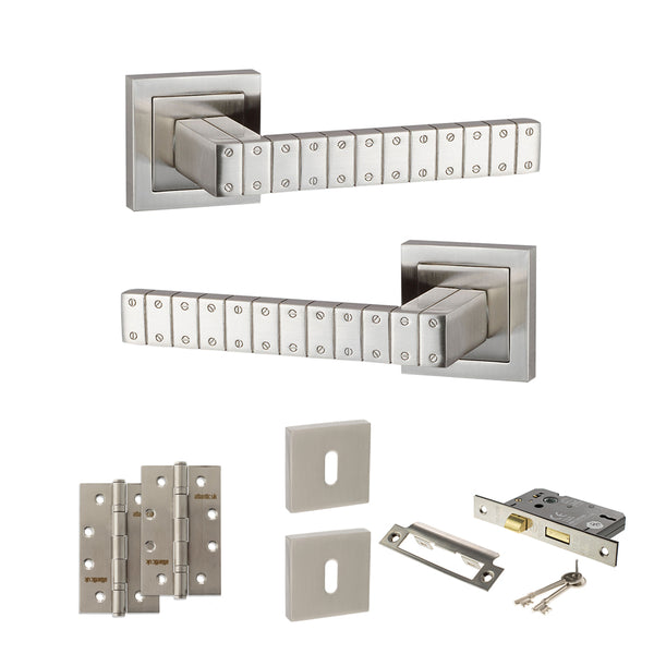 Senza Pari Bianca Door Handle Pack (3 Lever Lock Set - 2.5" CE Sashlock, 4" Slim Knuckle Hinges x2) by Atlantic Hardware