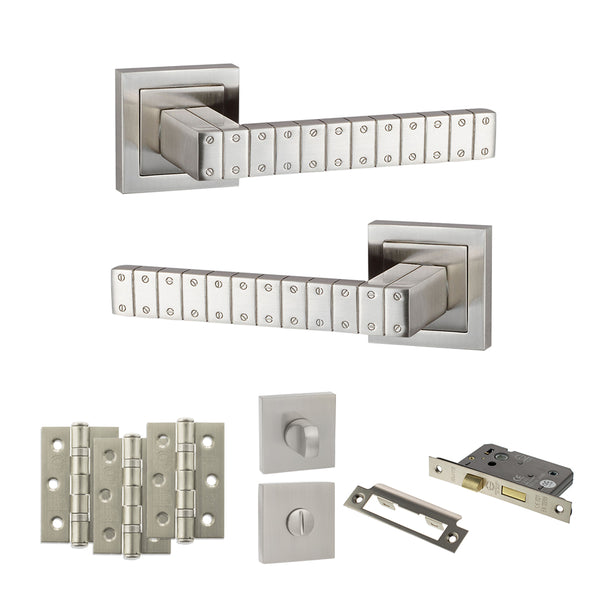 Senza Pari Bianca Door Handle Pack (Bathroom Set - 2.5" CE Bathroom Lock, 3" Fire Rated Hinges x3) by Atlantic Hardware