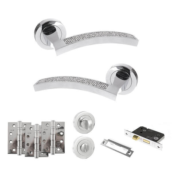 Senza Pari Crystal Door Handle Pack (Bathroom Set - 2.5" CE Bathroom Lock, 4" Fire Rated Hinges x3) by Atlantic Hardware