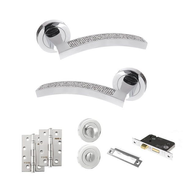 Senza Pari Crystal Door Handle Pack (Bathroom Set - 3" CE Bathroom Lock, 4" Slim Knuckle Hinges x2) by Atlantic Hardware