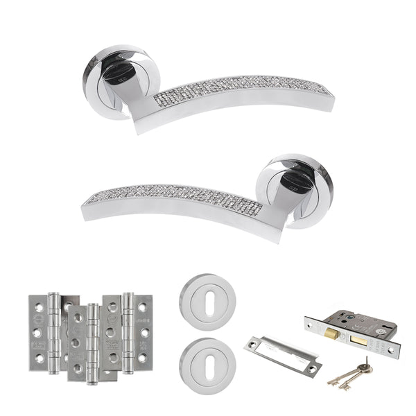Senza Pari Crystal Door Handle Pack (3 Lever Lock Set - 2.5" CE Sashlock, 3" Fire Rated Hinges x3) by Atlantic Hardware