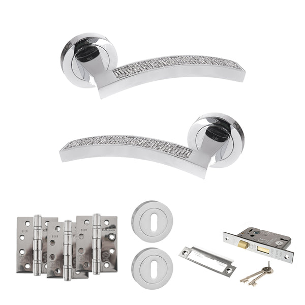 Senza Pari Crystal Door Handle Pack (3 Lever Lock Set - 3" CE Sashlock, 4" Fire Rated Hinges x3) by Atlantic Hardware