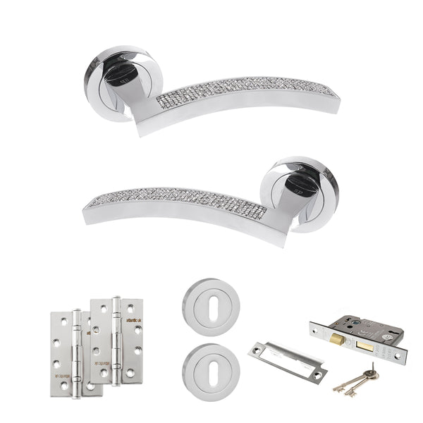Senza Pari Crystal Door Handle Pack (3 Lever Lock Set - 3" CE Sashlock, 4" Slim Knuckle Hinges x2) by Atlantic Hardware