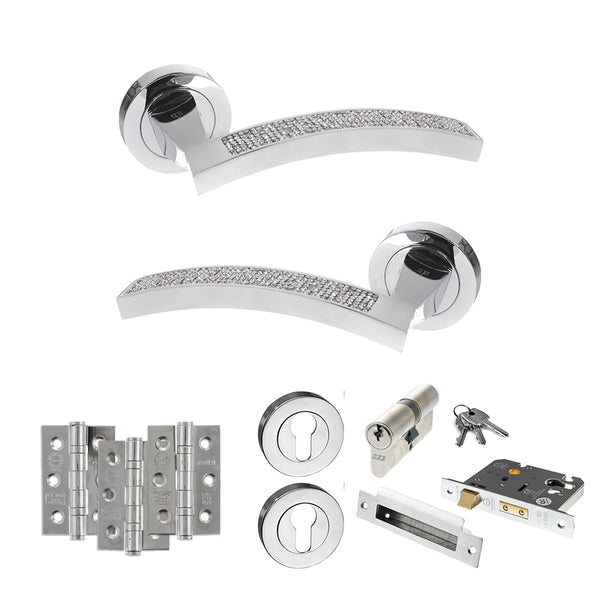 Senza Pari Crystal Door Handle Pack (Euro Lock Set - 2.5" CE Sashlock, 3" Fire Rated Hinges x3) by Atlantic Hardware