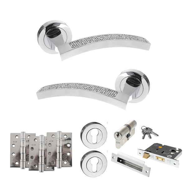 Senza Pari Crystal Door Handle Pack (Euro Lock Set - 3" CE Sashlock, 4" Fire Rated Hinges x3) by Atlantic Hardware
