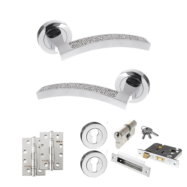 Senza Pari Crystal Door Handle Pack (Euro Lock Set - 3" CE Sashlock, 4" Slim Knuckle Hinges x2) by Atlantic Hardware