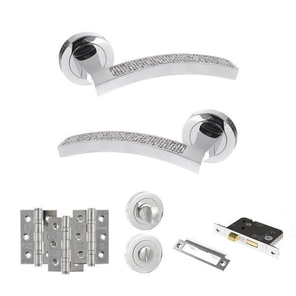 Senza Pari Crystal Door Handle Pack (Bathroom Set - 3" CE Bathroom Lock, 3" Fire Rated Hinges x3) by Atlantic Hardware
