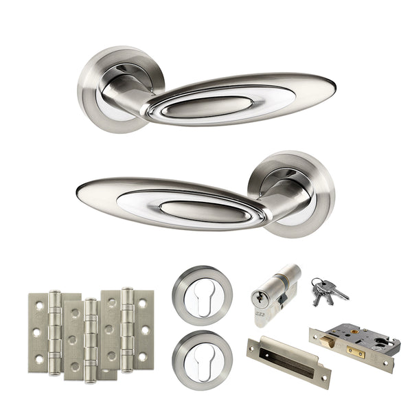 Senza Pari Elisse Door Handle Pack (Euro Lock Set - 3" CE Sashlock, 3" Fire Rated Hinges x3) by Atlantic Hardware