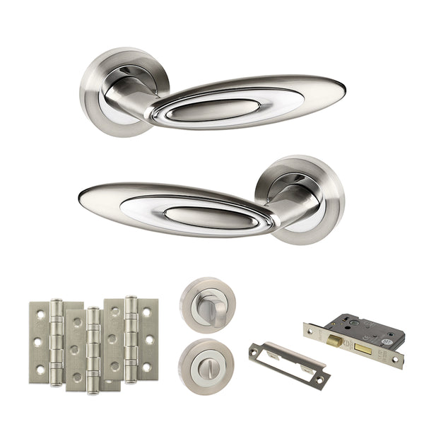 Senza Pari Elisse Door Handle Pack (Bathroom Set - 2.5" CE Bathroom Lock, 3" Fire Rated Hinges x3) by Atlantic Hardware
