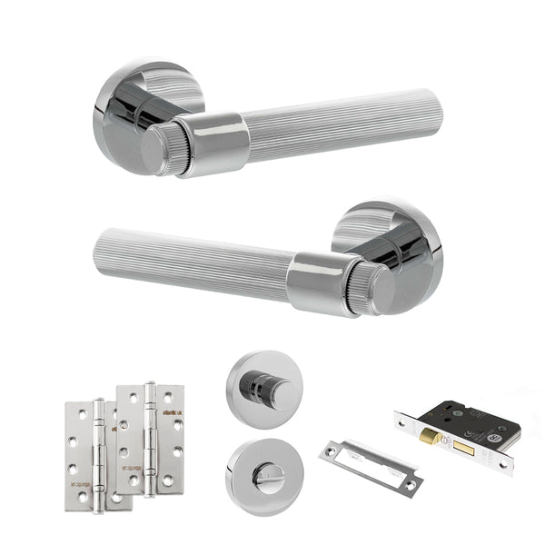 Senza Pari Fasana Door Handle Pack (Bathroom Set - 3" CE Bathroom Lock, 4" Slim Knuckle Hinges x2) by Atlantic Hardware