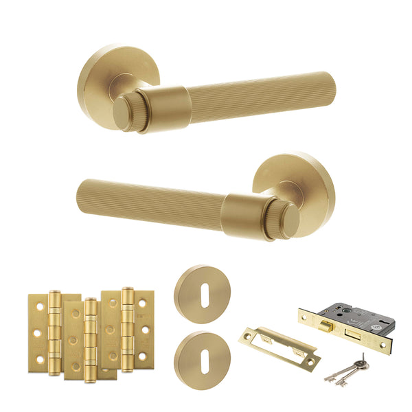 Senza Pari Fasana Door Handle Pack (3 Lever Lock Set - 3" CE Sashlock, 3" Fire Rated Hinges x3) - Satin Brass