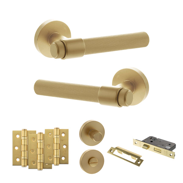 Senza Pari Fasana Door Handle Pack (Bathroom Set - 2.5" CE Bathroom Lock, 3" Fire Rated Hinges x3) - Satin Brass