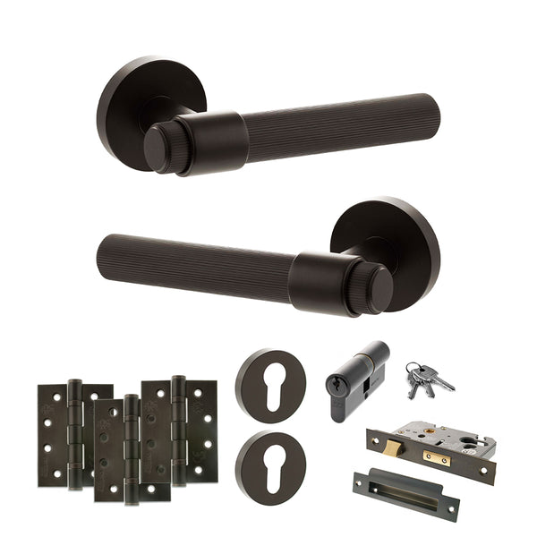 Senza Pari Fasana Door Handle Pack (Euro Lock Set - 2.5" CE Sashlock, 4" Fire Rated Hinges x3) - Urban Dark Bronze