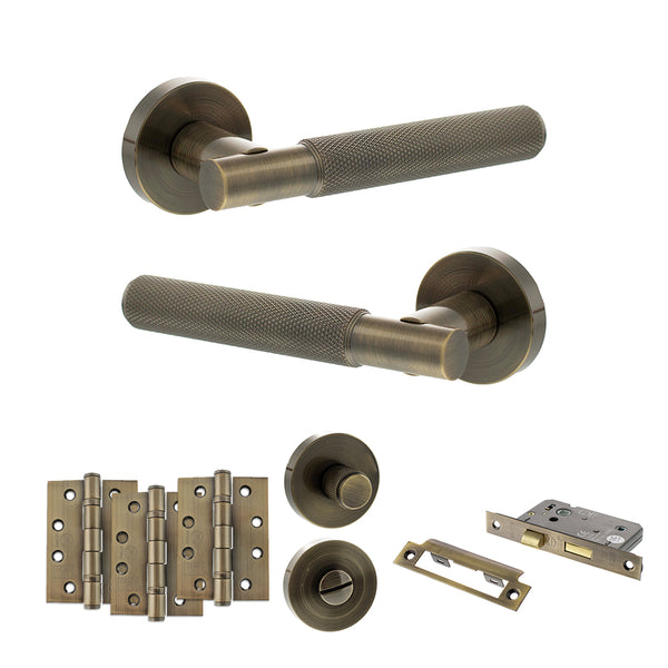 Senza Pari Rosarno Door Handle Pack (Bathroom Set - 3" CE Bathroom Lock, 4" Fire Rated Hinges x3) by Atlantic Hardware