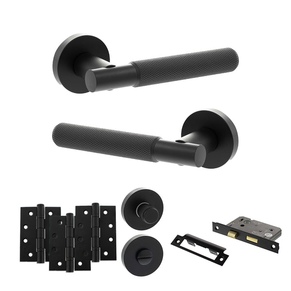 Senza Pari Rosarno Door Handle Pack (Bathroom Set - 3" CE Bathroom Lock, 4" Fire Rated Hinges x3) by Atlantic Hardware