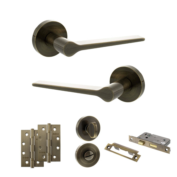 Senza Pari Laviano Door Handle Pack (Bathroom Set - 3" CE Bathroom Lock, 4" Slim Knuckle Hinges x2) by Atlantic Hardware