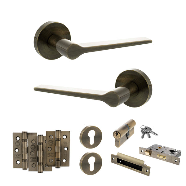 Senza Pari Laviano Door Handle Pack (Euro Lock Set - 2.5" CE Sashlock, 3" Fire Rated Hinges x3) by Atlantic Hardware