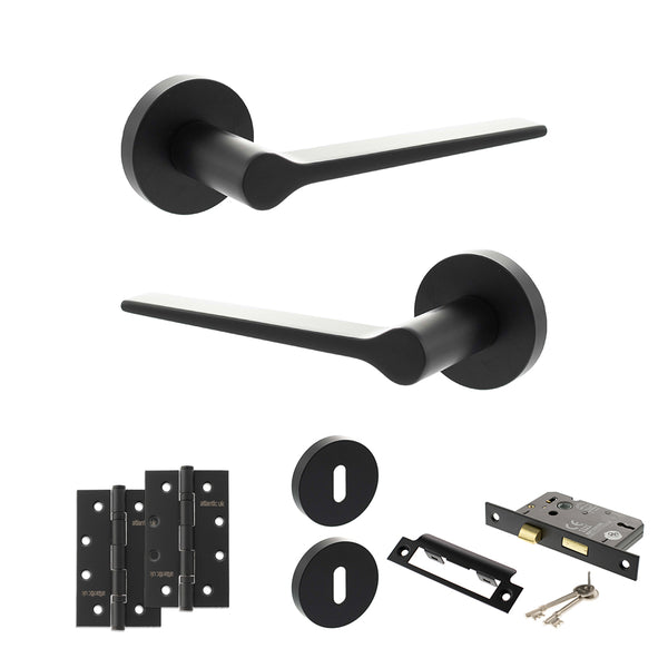 Senza Pari Laviano Door Handle Pack (3 Lever Lock Set - 2.5" CE Sashlock, 4" Slim Knuckle Hinges x2) by Atlantic Hardware