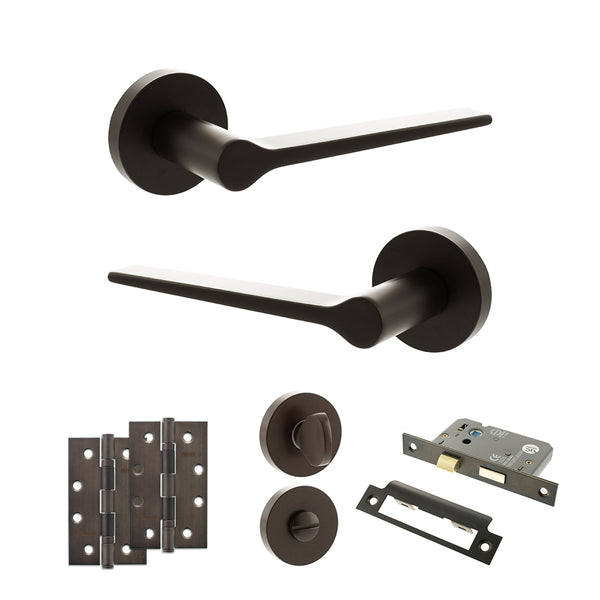 Senza Pari Laviano Door Handle Pack (Bathroom Set - 3" CE Bathroom Lock, 4" Slim Knuckle Hinges x2) by Atlantic Hardware