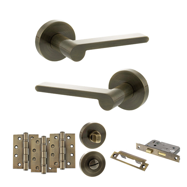 Senza Pari Darrio Door Handle Pack (Bathroom Set - 2.5" CE Bathroom Lock, 4" Fire Rated Hinges x3) by Atlantic Hardware
