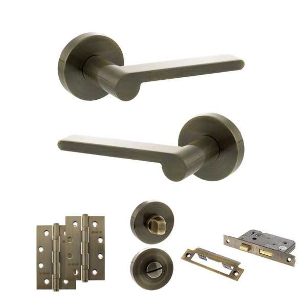Senza Pari Darrio Door Handle Pack (Bathroom Set - 3" CE Bathroom Lock, 4" Slim Knuckle Hinges x2) by Atlantic Hardware