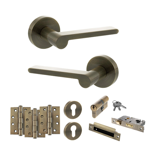 Senza Pari Darrio Door Handle Pack (Euro Lock Set - 2.5" CE Sashlock, 4" Fire Rated Hinges x3) by Atlantic Hardware