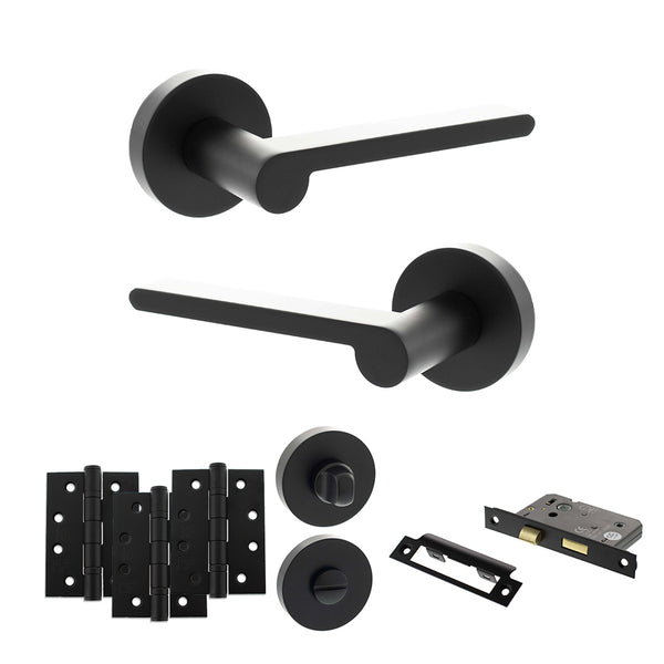 Senza Pari Darrio Door Handle Pack (Bathroom Set - 2.5" CE Bathroom Lock, 4" Fire Rated Hinges x3) by Atlantic Hardware