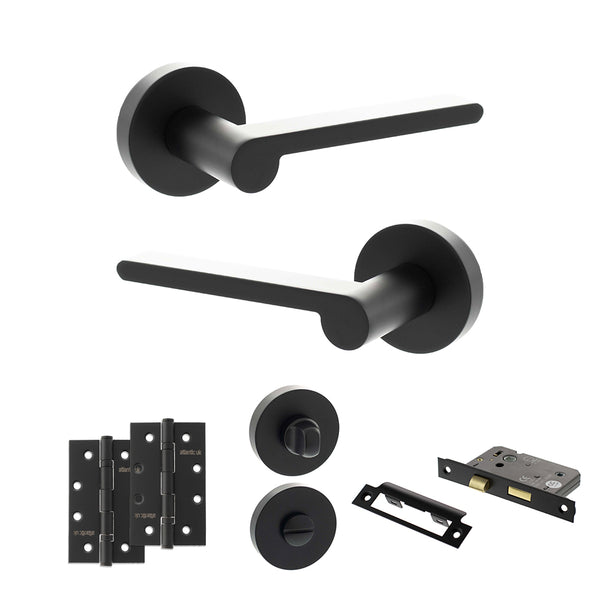 Senza Pari Darrio Door Handle Pack (Bathroom Set - 3" CE Bathroom Lock, 4" Slim Knuckle Hinges x2) by Atlantic Hardware