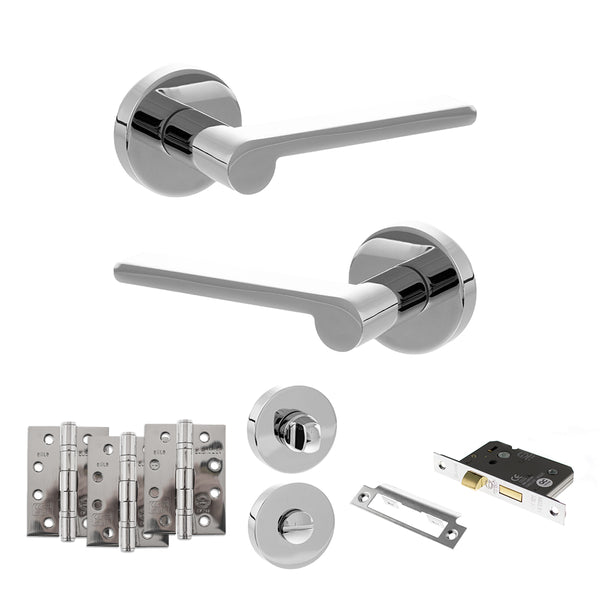 Senza Pari Darrio Door Handle Pack (Bathroom Set - 3" CE Bathroom Lock, 4" Fire Rated Hinges x3) by Atlantic Hardware
