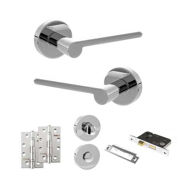 Senza Pari Darrio Door Handle Pack (Bathroom Set - 2.5" CE Bathroom Lock, 4" Slim Knuckle Hinges x2) by Atlantic Hardware