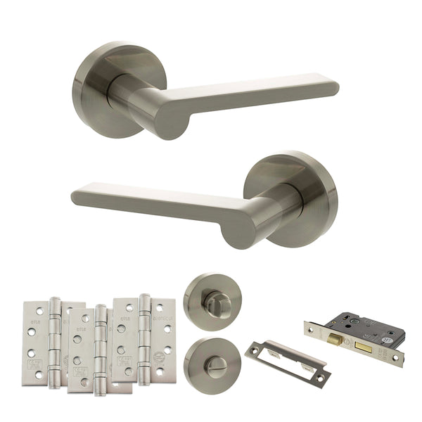 Senza Pari Darrio Door Handle Pack (Bathroom Set - 3" CE Bathroom Lock, 4" Fire Rated Hinges x3) by Atlantic Hardware