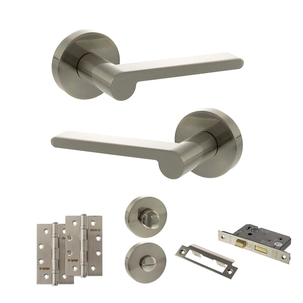 Senza Pari Darrio Door Handle Pack (Bathroom Set - 2.5" CE Bathroom Lock, 4" Slim Knuckle Hinges x2) by Atlantic Hardware