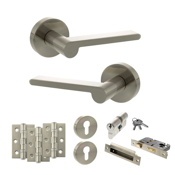 Senza Pari Darrio Door Handle Pack (Euro Lock Set - 3" CE Sashlock, 3" Fire Rated Hinges x3) by Atlantic Hardware