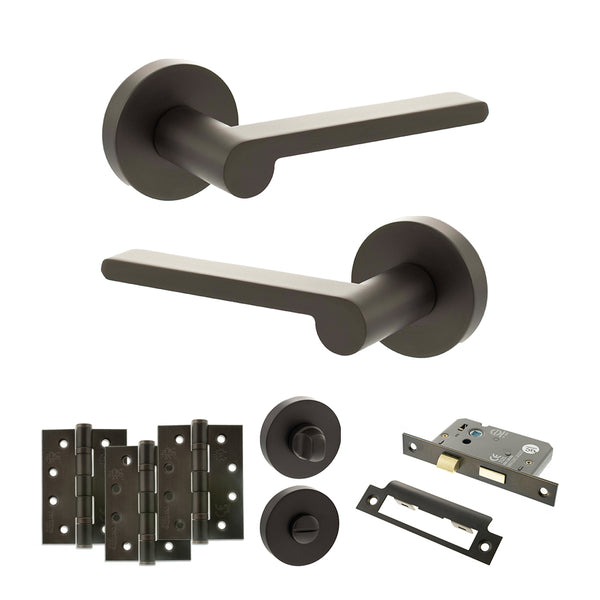 Senza Pari Darrio Door Handle Pack (Bathroom Set - 3" CE Bathroom Lock, 4" Fire Rated Hinges x3) by Atlantic Hardware