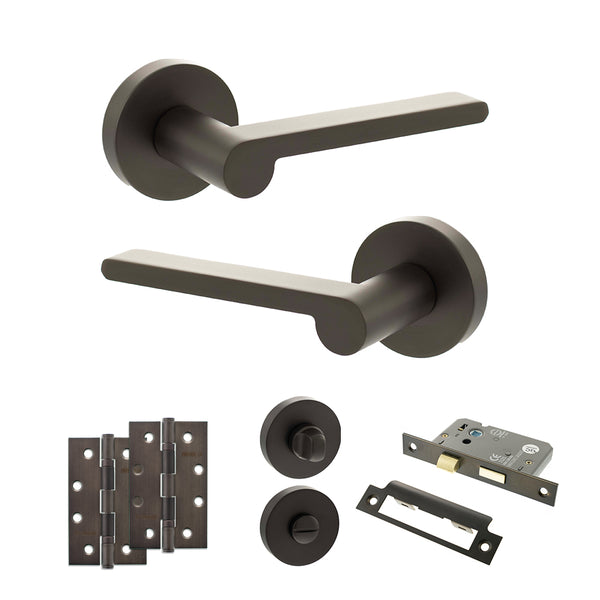 Senza Pari Darrio Door Handle Pack (Bathroom Set - 3" CE Bathroom Lock, 4" Slim Knuckle Hinges x2) by Atlantic Hardware