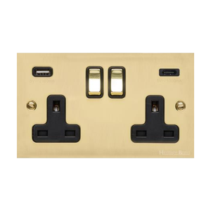 Bauhaus Range Polished Brass Switches & Sockets, BH1 - 2G 13A Socket with USB-A+C by Heritage Brass By M-Marcus