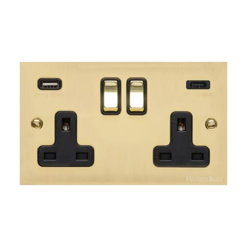 Bauhaus Range Polished Brass Switches & Sockets, BH1 - 2G 13A Socket with USB-A+C by Heritage Brass By M-Marcus