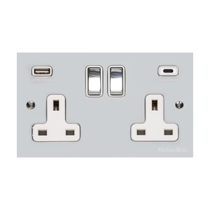 Bauhaus Range Polished Chrome Switches & Sockets, BH2 - 2G 13A Socket with USB-A+C by Heritage Brass By M-Marcus