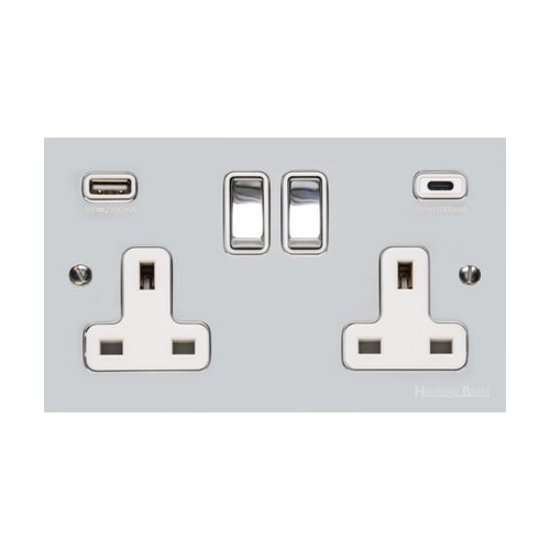 Bauhaus Range Polished Chrome Switches & Sockets, BH2 - 2G 13A Socket with USB-A+C by Heritage Brass By M-Marcus