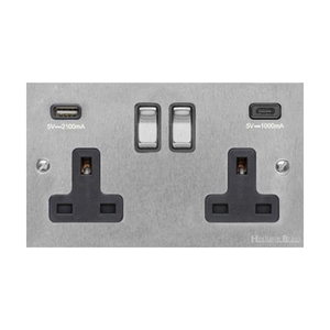 Bauhaus Range Satin Chrome Switches & Sockets, BH3 - 2G 13A Socket with USB-A+C by Heritage Brass By M-Marcus