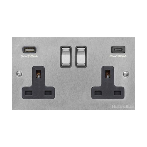 Bauhaus Range Satin Chrome Switches & Sockets, BH3 - 2G 13A Socket with USB-A+C by Heritage Brass By M-Marcus