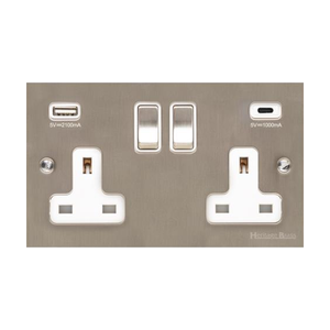 Bauhaus Range Satin Nickel Switches & Sockets, BH5 - 2G 13A Socket with USB-A+C by Heritage Brass By M-Marcus