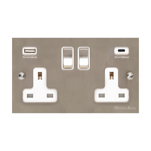 Bauhaus Range Satin Nickel Switches & Sockets, BH5 - 2G 13A Socket with USB-A+C by Heritage Brass By M-Marcus