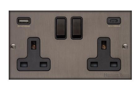 Bauhaus Range Matt Bronze Switches & Sockets, BH9 - 2G 13A Socket with USB-A+C by Heritage Brass By M-Marcus