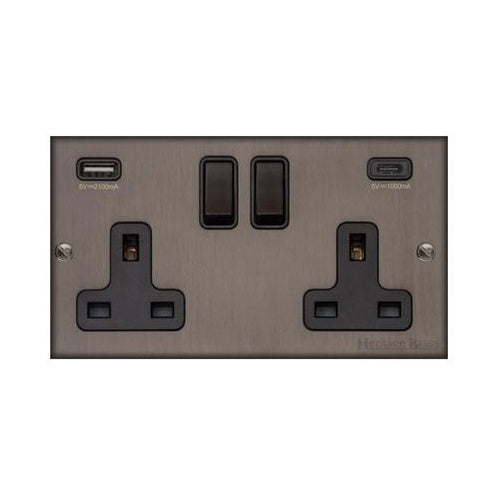 Bauhaus Range Matt Bronze Switches & Sockets, BH9 - 2G 13A Socket with USB-A+C by Heritage Brass By M-Marcus