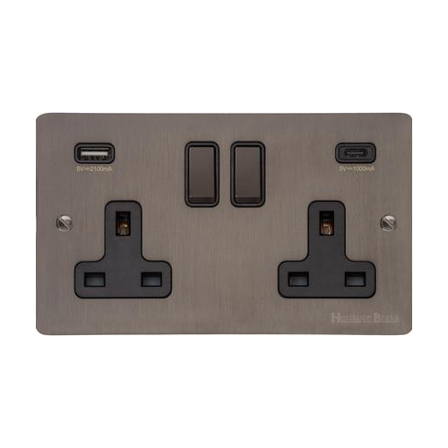 Stylist Bronze Flat Plate Range Switches & Sockets, L09 - 2G 13A Socket with USB-A+C by Heritage Brass By M-Marcus