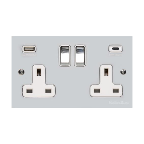 Richmond Elite Range Polished Chrome Switches & Sockets, LP2 - 2G 13A Socket with USB-A+C by Heritage Brass By M-Marcus