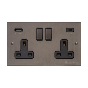 Stylist Bronze Square Flat Plate Switches and Sockets, QL9 Switches & Sockets, C - 2G 13A Socket with USB-A+C by Heritage Brass By M-Marcus
