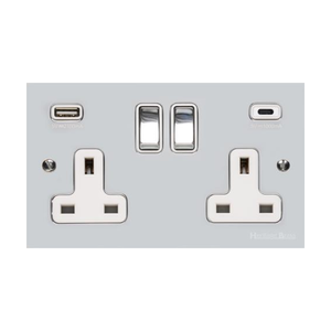 Victorian Elite Range Polished Chrome Switches & Sockets, R02 - 2G 13A Socket with USB-A+C by Heritage Brass By M-Marcus